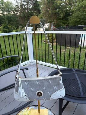 Vintage Dooney & Bourke Y2K Grey/White Signature Monogram Tassel Baguette Bag